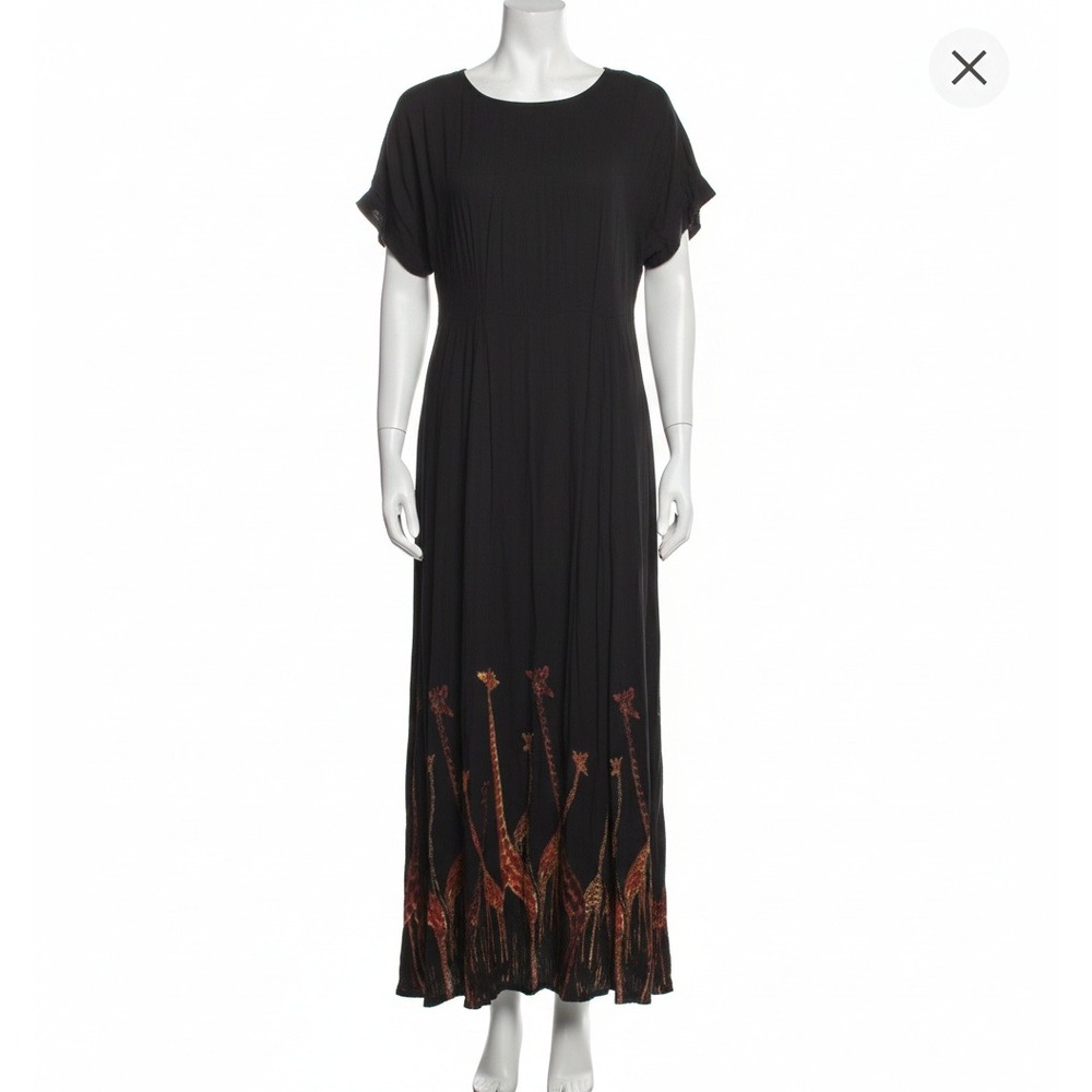 Orvis Giraffe Print Midi Dress Black Short Sleeve Art to Wear Whimsigoth Medium